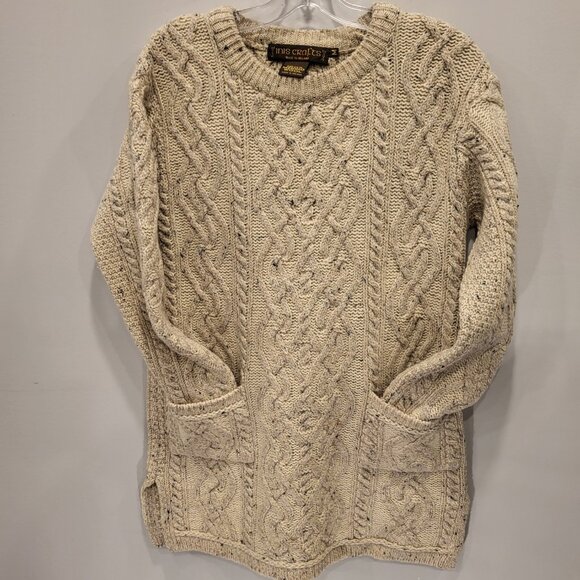 Inis Crafts Irish Cable Knit Crew Neck Marino Wool Sweater Size Medium - Picture 2 of 9